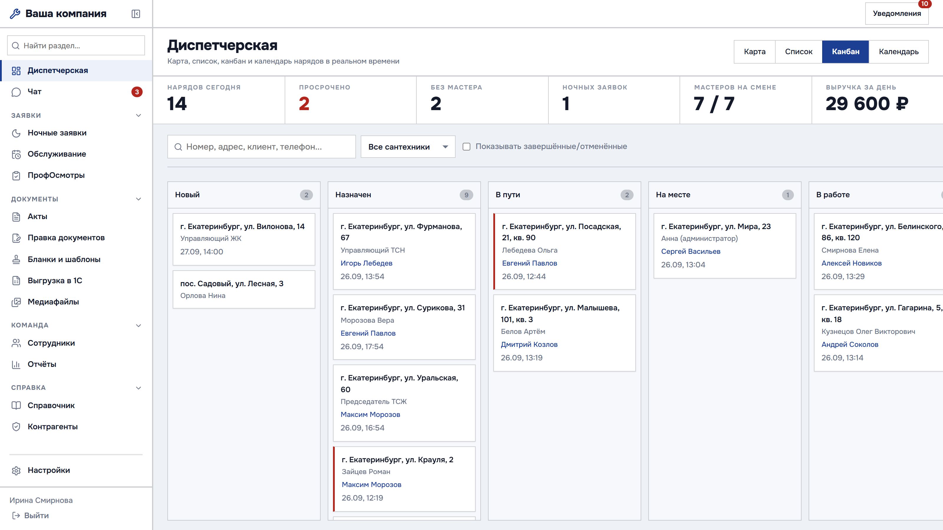 Канбан нарядов по статусам: новый, назначен, в пути, на месте, в работе